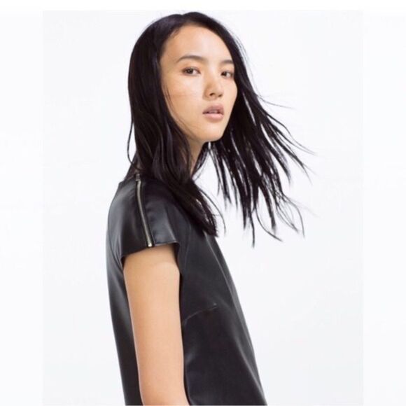Zara Black Faux Leather Short Zipper Detail Sleeve Shift Dress Size XS - Picture 3 of 9